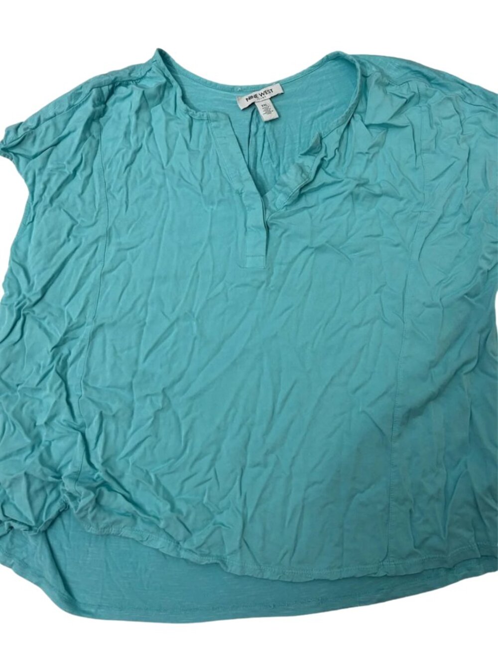 Nine West Aqua Split Neck Tunic Top | Short Sleeve High-Low Blouse